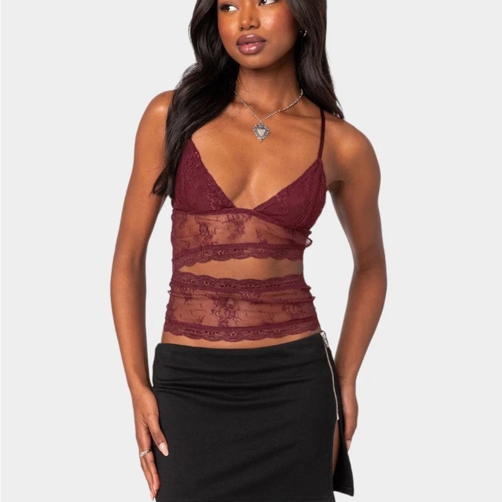 Edikted Maroon Lace Sheer Camisole
